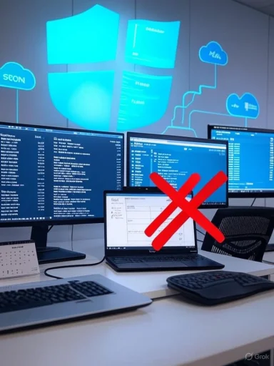 A control room with several blue screens showing data and a laptop crossed out with a red X.