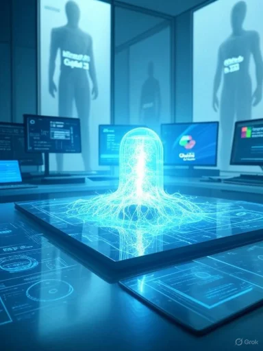 Futuristic lab featuring a glowing blue neural hologram above a digital surface.