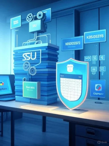 A blue, futuristic tech lab with a tall stack of modules, gears, screens, and a glowing shield.