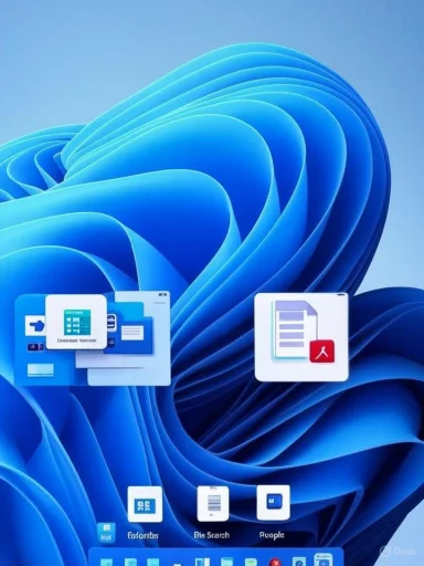 Blue abstract swirl wallpaper with floating document and app icons.