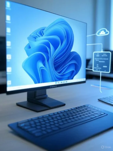 A blue-tinted computer setup with a curved monitor and sleek keyboard.