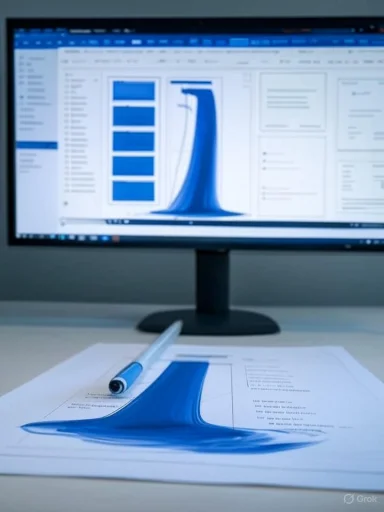 Blue liquid spills across a printed page on a desk, with a pen and monitor in the background.