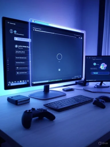A blue-lit multi-monitor gaming setup with keyboard, mouse, controllers, and an external drive.