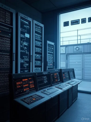 A row of vintage mainframe computers and monitoring consoles in a blue-lit data center.