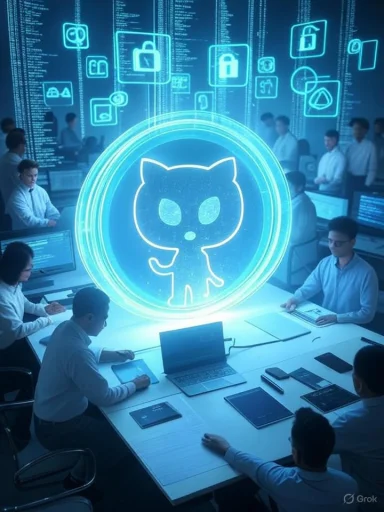 A futuristic office scene with a giant glowing GitHub Octocat emblem above the conference table.