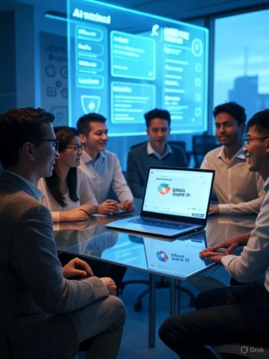 A diverse team in a high-tech meeting, discussing data on a laptop with a blue digital display behind.