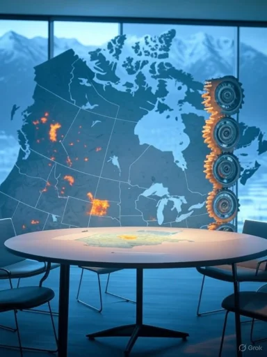Conference room with a large North American map on the wall showing western wildfires and a vertical row of gears.