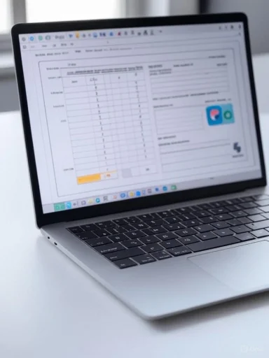A laptop screen displays a multi-section document with a grid-style spreadsheet.