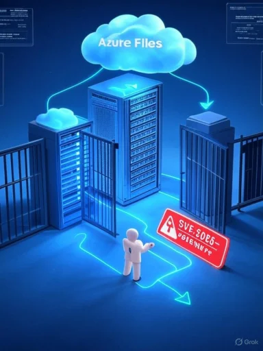 Azure Files cloud storage hovers over a blue data center with a security warning sign.