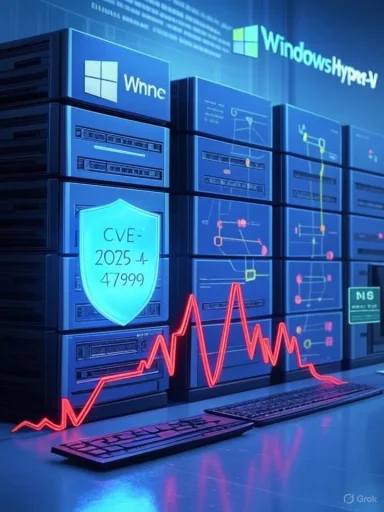 Windows Hyper-V server racks with a CVE shield and a red line graph.