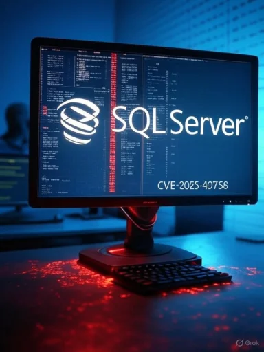 Monitor displays SQL Server logo with a CVE-2025-40758 reference in a blue-red security setup.