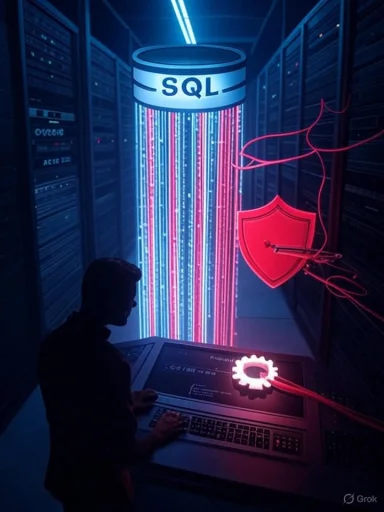 A person at a server-room console watches neon SQL data streams cascade through the racks.