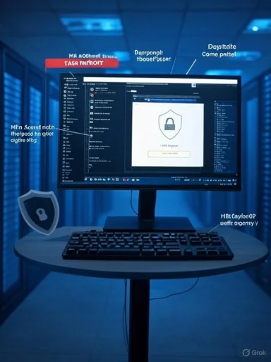 A computer workstation in a blue-lit data center showing a security login screen.