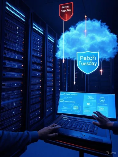 In a server room, a glowing blue cloud shield reads 'Patch Tuesday' beside a laptop.