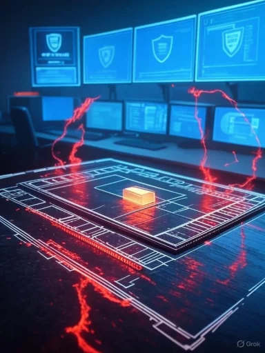 A futuristic lab scene with glowing circuit schematics and a central gold chip.