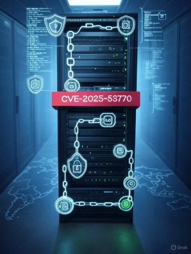 Server rack in a data center labeled CVE-2025-53770 with glowing cybersecurity icons. Server rack in a data center labeled CVE-2025-53770 with glowing cybersecurity icons.