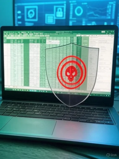 Laptop screen shows a spreadsheet with a shield overlay and a red skull malware warning.