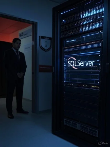 A man in a suit stands beside a glowing SQL Server rack in a dim data center.