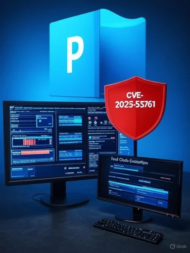 Two monitors show code as a red CVE-2025-55761 shield hovers over a large blue P icon.