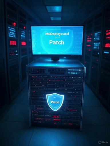 Blue-lit data center rack with a monitor displaying the word Patch. Blue-lit data center rack with a monitor displaying the word Patch.