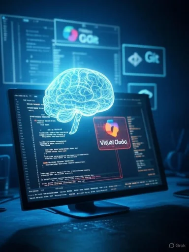 A glowing brain hologram hovers above a code-filled monitor in a futuristic tech setup. A glowing brain hologram hovers above a code-filled monitor in a futuristic tech setup.