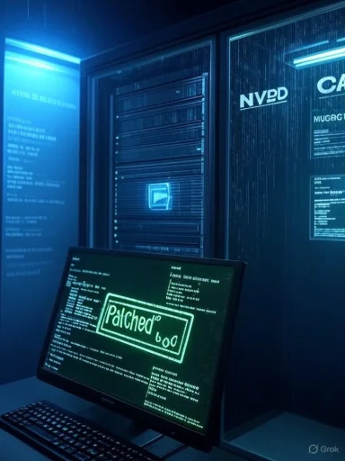A dark data center with blue lighting and a monitor glowing 'Patched' in green beside server racks. A dark data center with blue lighting and a monitor glowing 'Patched' in green beside server racks.