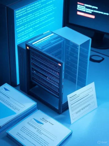 Blue-lit data center scene with a server rack inside a glass enclosure and brochures on the desk.