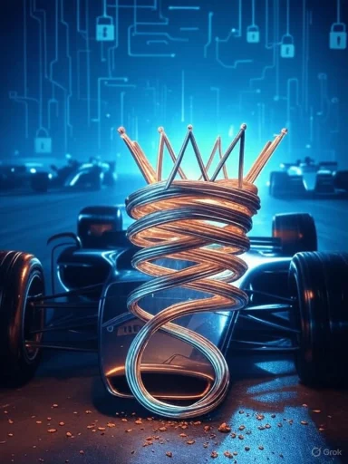 Crown-shaped coil spring atop a race car against a neon circuit backdrop. Crown-shaped coil spring atop a race car against a neon circuit backdrop.