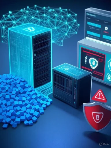 Futuristic data center with servers and cybersecurity network visuals.