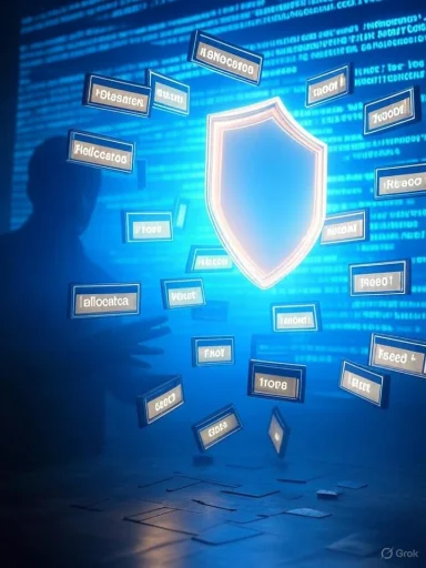 A glowing shield hovers among floating data cards in a blue cybersecurity scene.