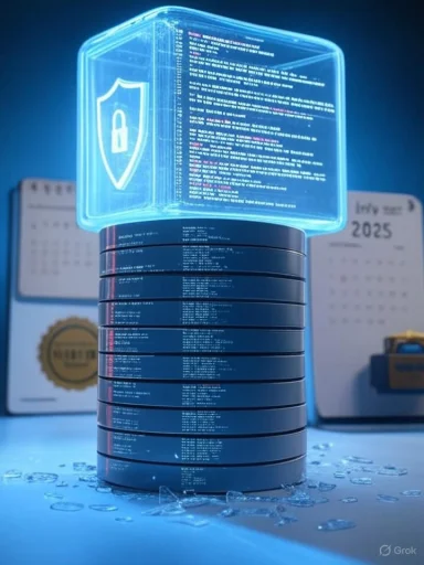 Blue holographic security shield over stacked data drives.