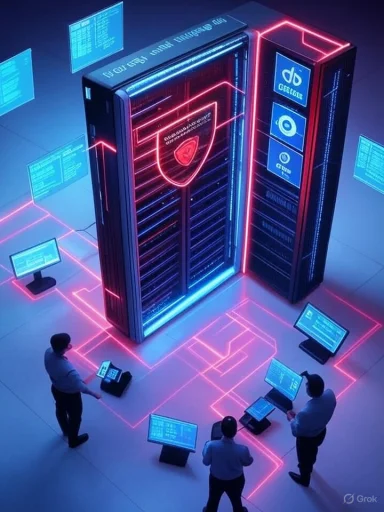 A neon-lit, futuristic data center with a towering server and researchers at glowing consoles.