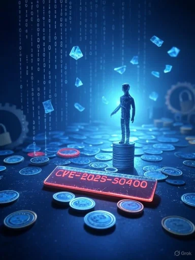 Mini figure stands on a stack of coins in a blue digital landscape with floating shards, labeled CVE-2025-S0400. Mini figure stands on a stack of coins in a blue digital landscape with floating shards, labeled CVE-2025-S0400.