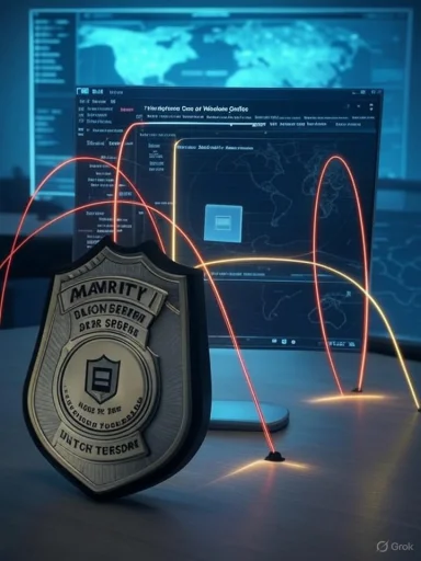 A shield-shaped security badge sits in front of monitors with glowing data lines linking a world map.