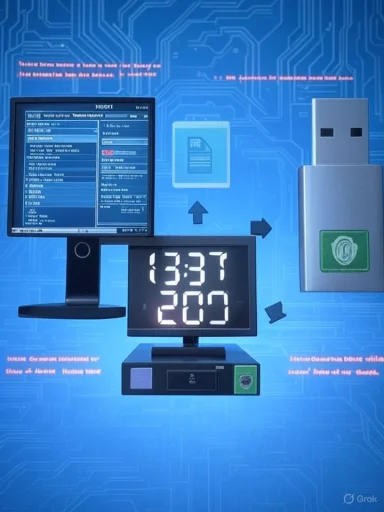 Blue circuit-themed computer setup with a monitor, USB drive, and a display showing '1337 200'.