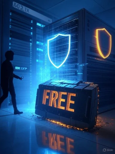 A silhouetted person walks through a neon-lit data center with shield logos and a glowing crate labeled FREE.