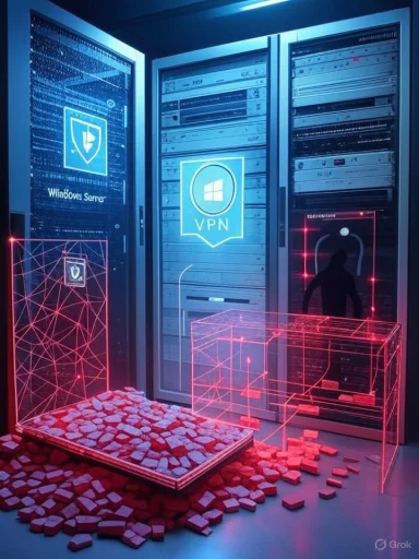 Neon-lit server room with holographic red blocks and a VPN logo on the center cabinet.