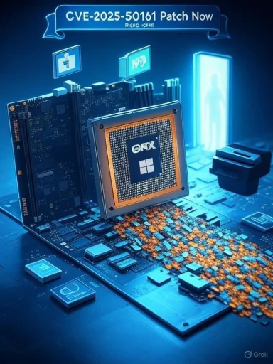 A CVE-2025-50161 patch banner hovers over a futuristic motherboard.