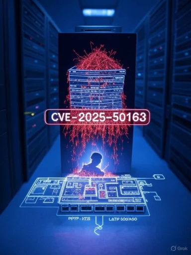 A neon-blue holographic display in a data center reveals CVE-2025-50163.