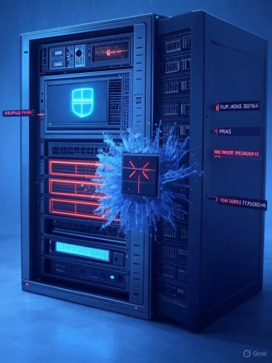 Futuristic server rack glowing with blue and red neon, a Windows screen, and a burst of digital energy.