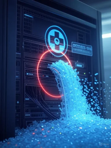 Futuristic data center with glowing blue holographic UI over server racks.