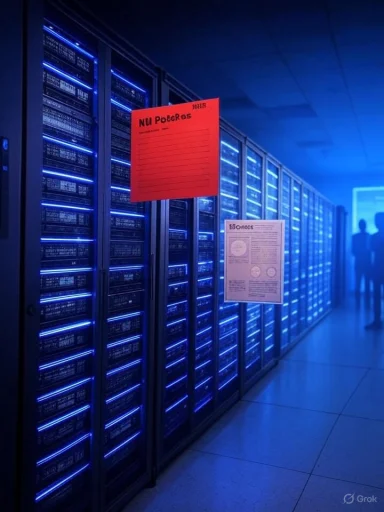 Rows of blue-lit server racks line a dim data center corridor.