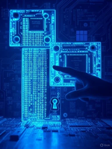 Blue-lit holographic circuit boards display binary code as a finger points at a security lock.