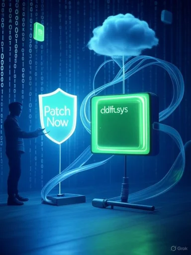A futuristic cybersecurity scene with cloud tech, a glowing server, and a Patch Now shield.