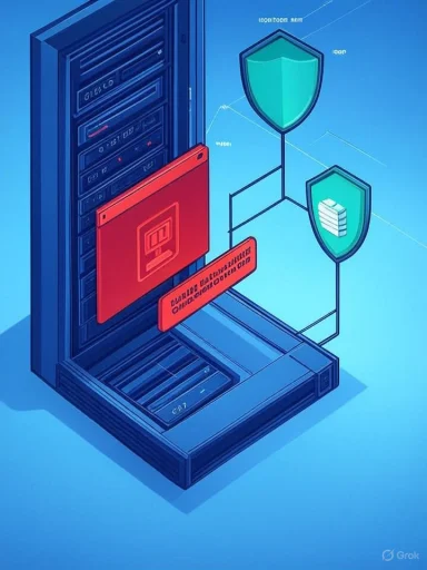 Isometric server rack guarded by security shields and data icons. Isometric server rack guarded by security shields and data icons.