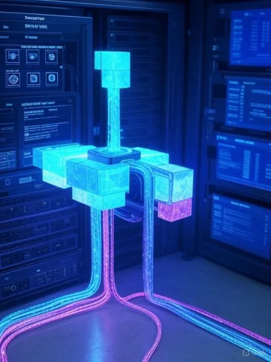 A neon-lit geometric sculpture connected by glowing cables in a server room.