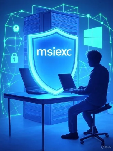 A person sits at a desk with two laptops, guarded by a glowing shield labeled msiexec. A person sits at a desk with two laptops, guarded by a glowing shield labeled msiexec.