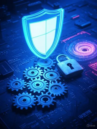 Cybersecurity concept: glowing shield over gears and a lock on a circuit board.