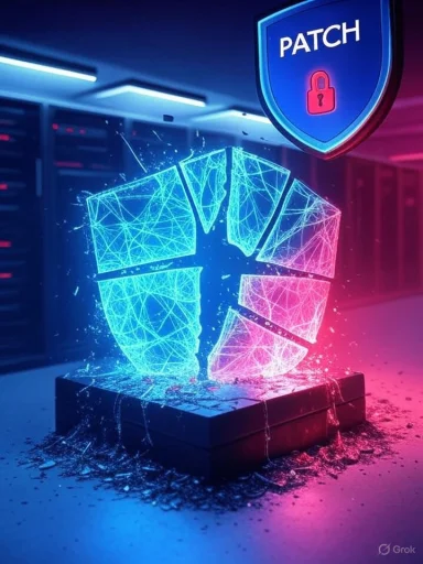 A neon PATCH shield with a padlock hovers over a glowing, fractured digital emblem in a server room. A neon PATCH shield with a padlock hovers over a glowing, fractured digital emblem in a server room.