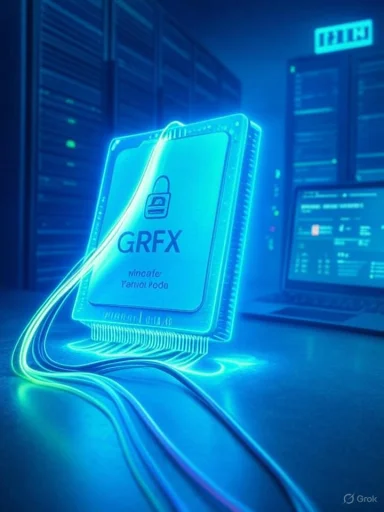 A neon blue, futuristic data center with a glowing GRFX security chip and braided cables.